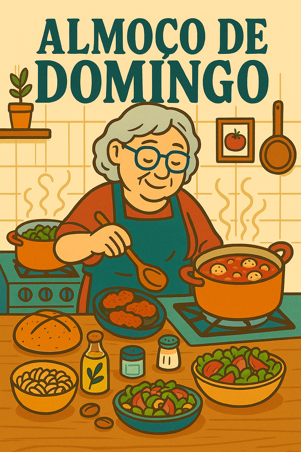 Almoço de domingo Ilustração acolhedora de uma vovó sorridente cozinhando o almoço de domingo em uma cozinha rústica, cercada por panelas fumegantes e pratos coloridos. A luz suave entra pela janela, criando uma atmosfer