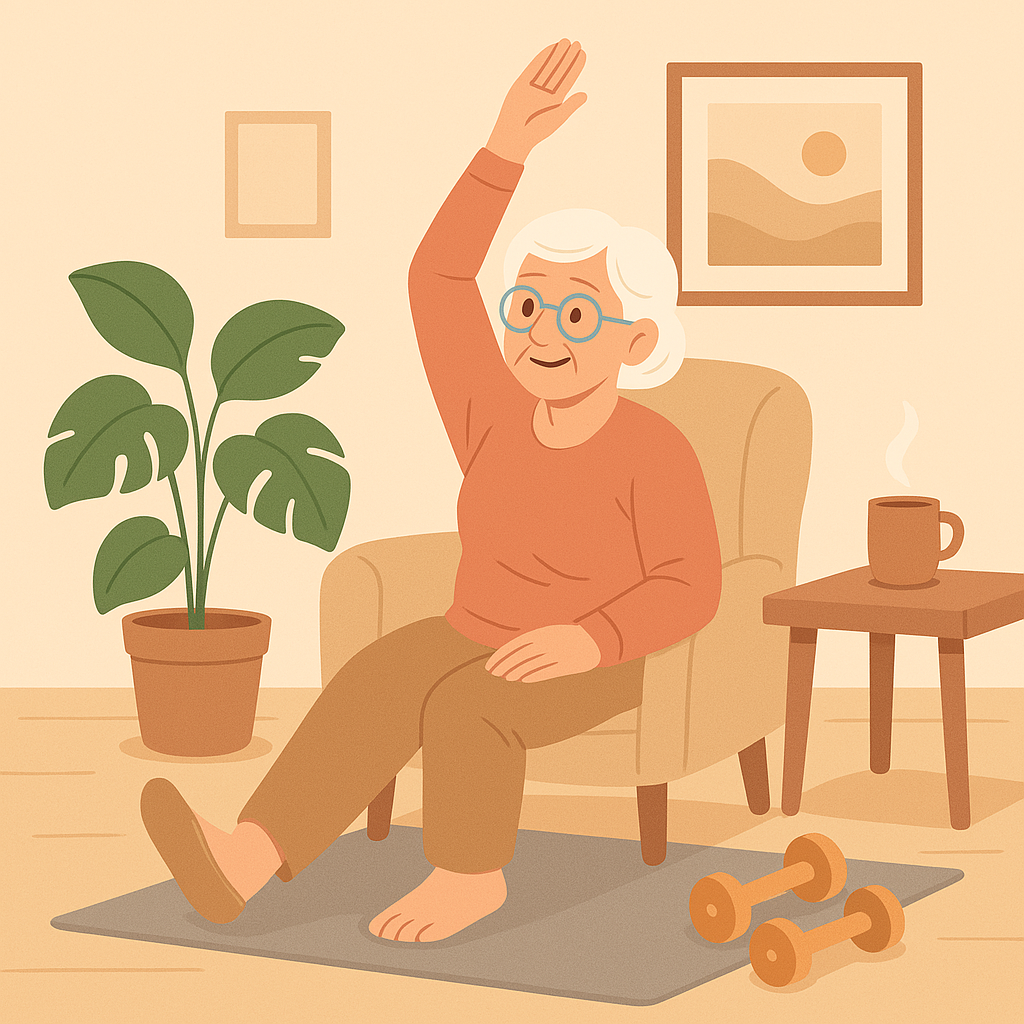 Exercicios na terceira idade Vovó sorridente realizando exercícios leves em casa, sentada em uma cadeira confortável, com raios de sol entrando pela janela ao fundo — representando saúde, bem-estar e movimento suave na terceira idade.