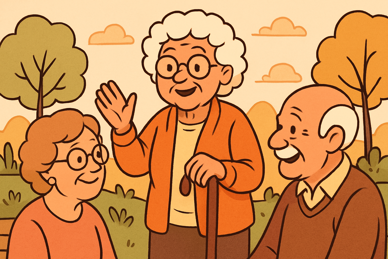 Ilustração representando amizades na terceira idade, com senhores e senhoras sorridentes compartilhando atividades sociais em um parque ensolarado.
