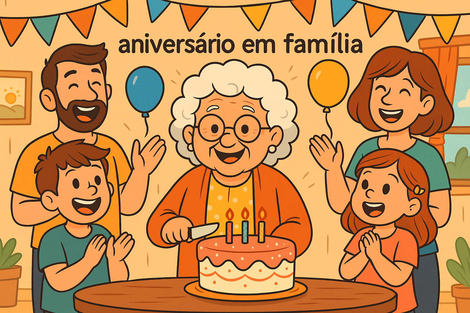 Família reunida celebrando aniversário em família com bolo, balões e sorrisos
