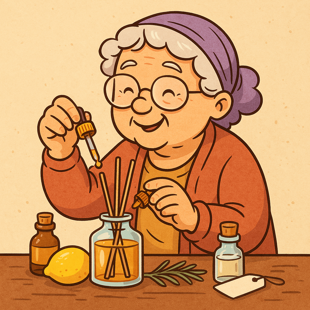 Ilustração cartunesca mostrando uma avó sorridente misturando óleos essenciais em frascos coloridos, com flores e ervas ao redor, criando seu aromatizador caseiro em uma cozinha acolhedora