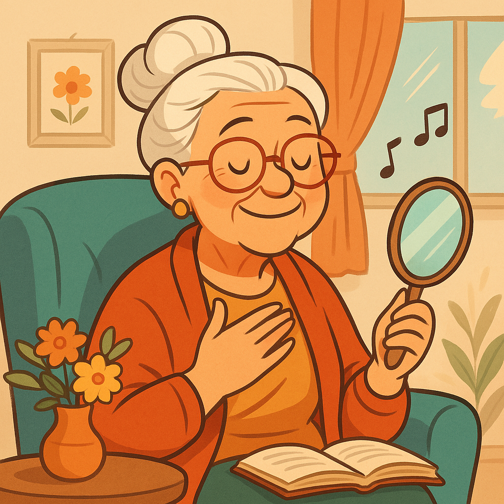 Avó carismática em uma varanda acolhedora compartilhando histórias sobre autoestima na maturidade.