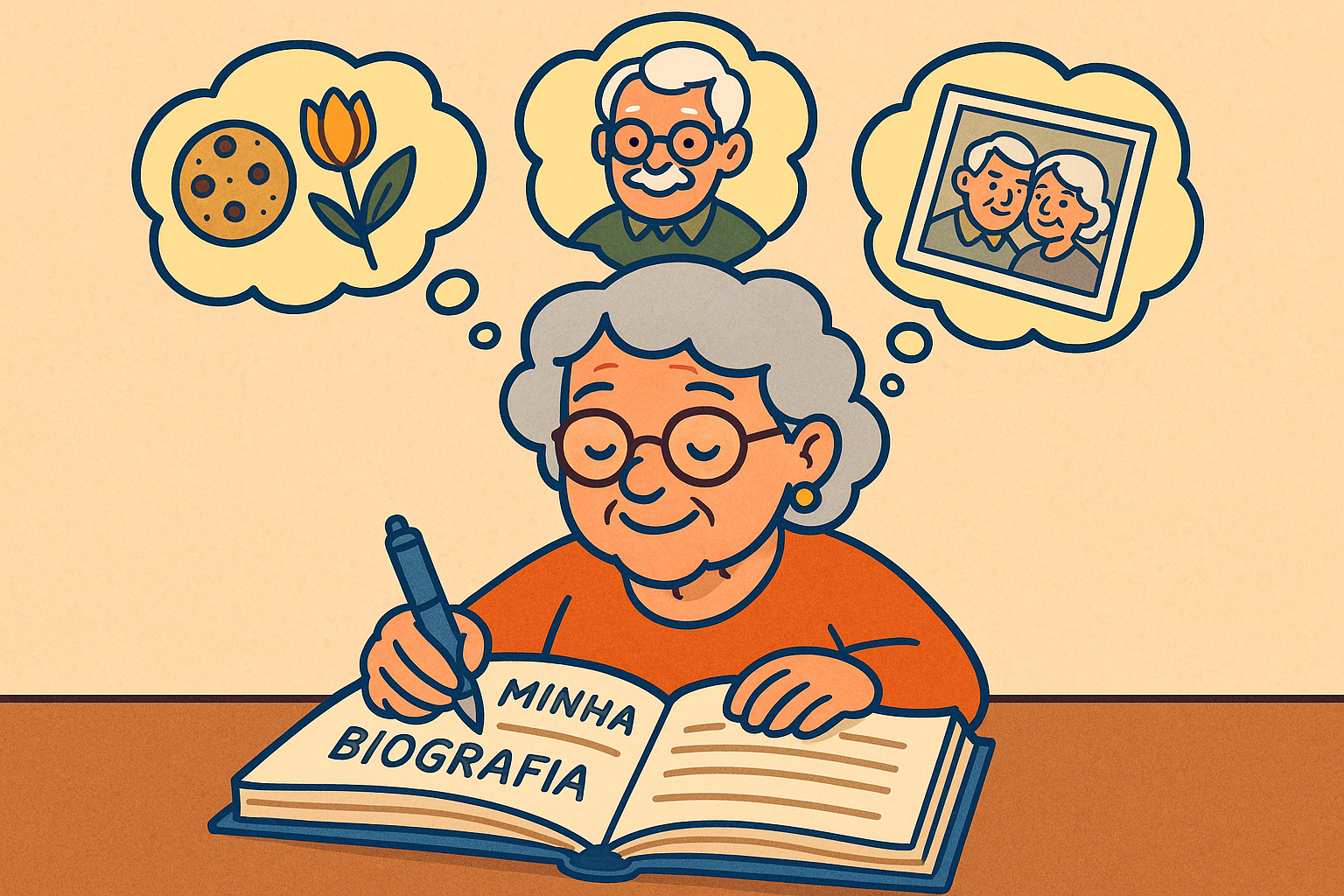 senhora sorridente escrevendo sua biografia pessoal com carinho, cercada por fotos antigas, cadernos, e memórias afetivas — representando o ato de deixar um legado.