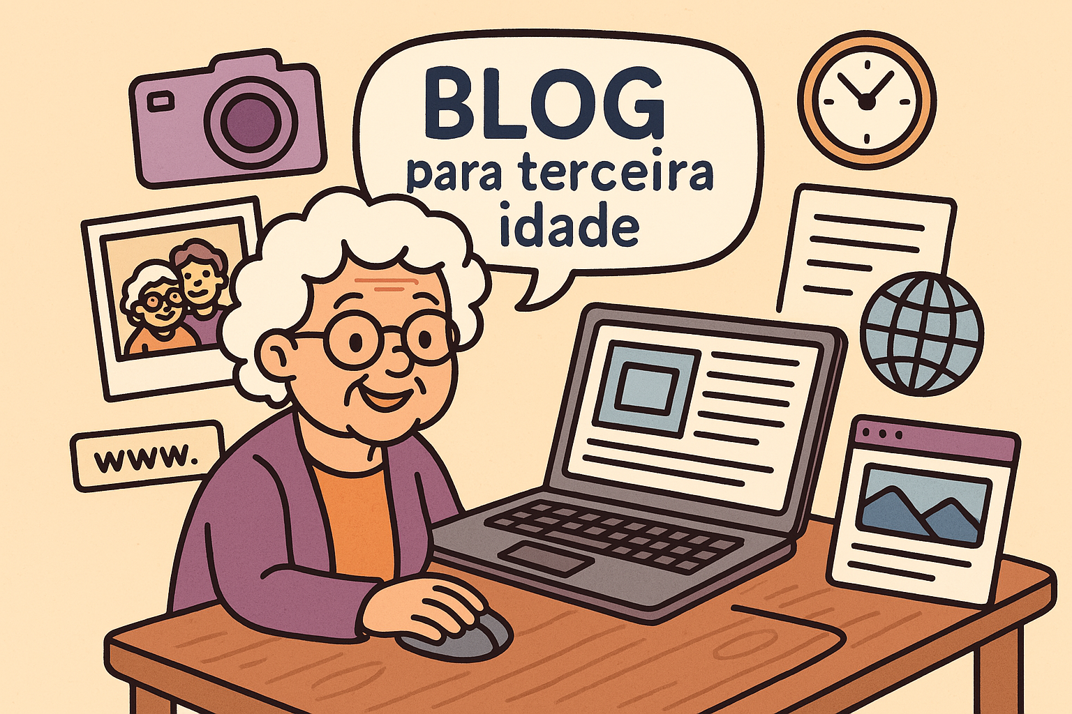 Avó sorridente digitando em laptop com xícara de chá ao lado, fotos antigas espalhadas na mesa e elementos digitais ao fundo — símbolo do blog para terceira idade