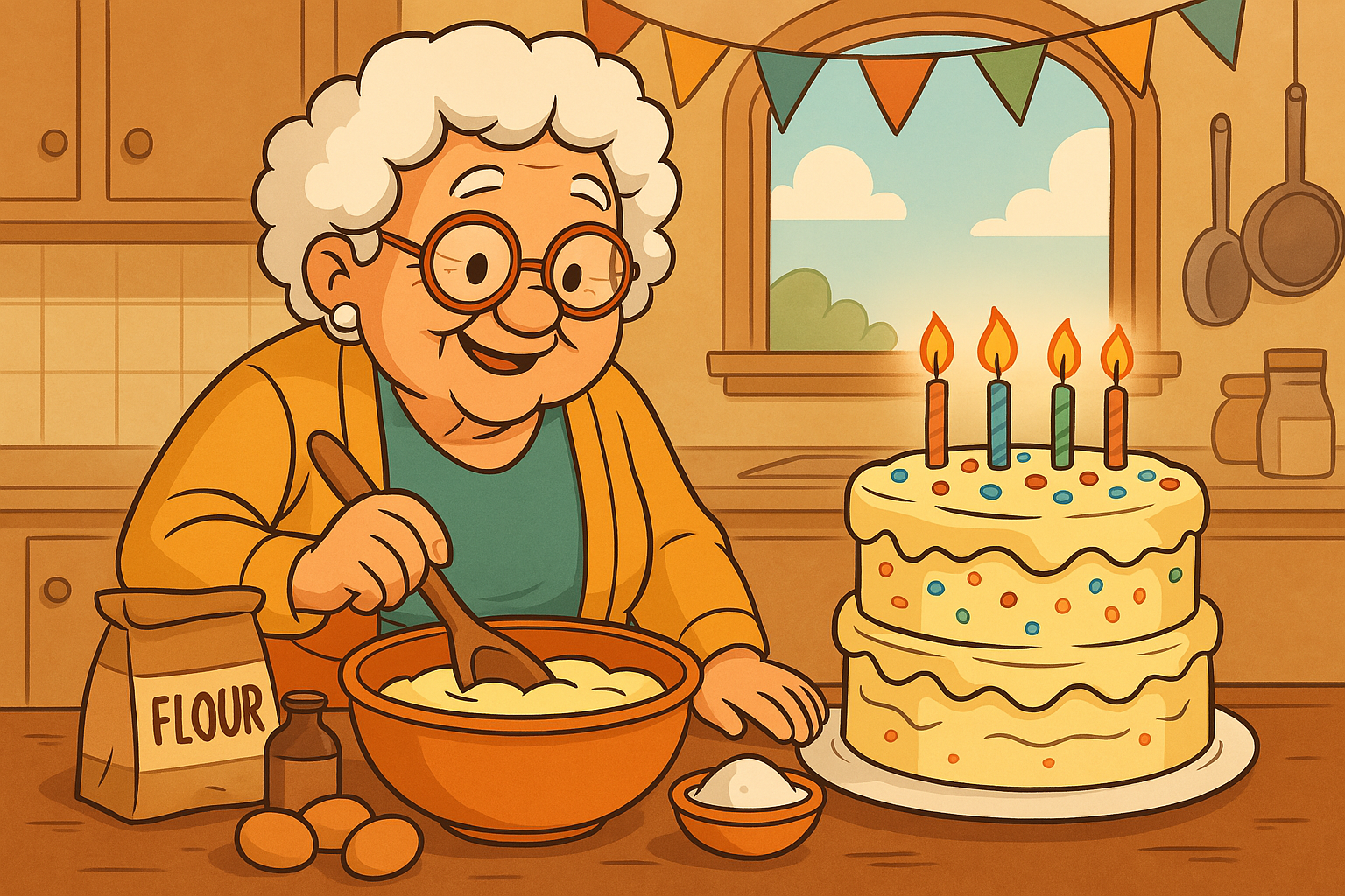 Vovó alegre preparando um bolo de festa simples em sua cozinha aconchegante, rodeada por ingredientes e memórias afetivas.