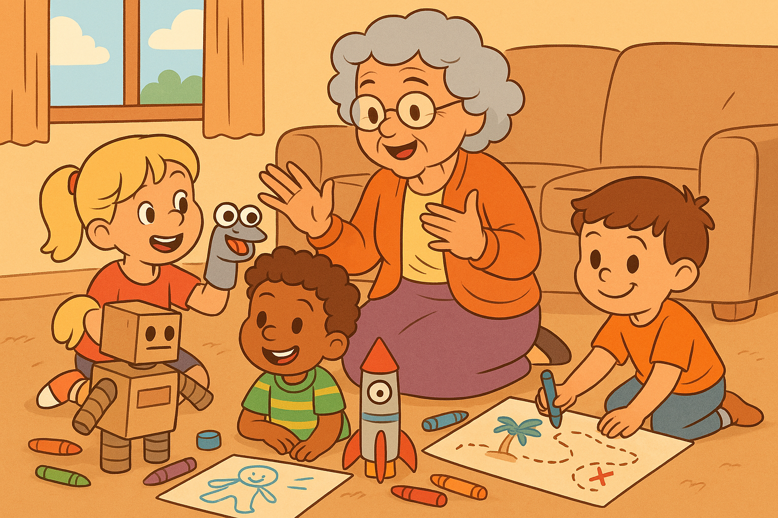 Ilustração cartunesca de crianças brincando com materiais recicláveis e usando a imaginação — uma criança segura um fantoche feito de meia, outra desenha com giz colorido, enquanto duas montam uma “nave espacial” de caixa de papelão num ambiente doméstico acolhedor. O cenário transmite alegria, criatividade e simplicidade.