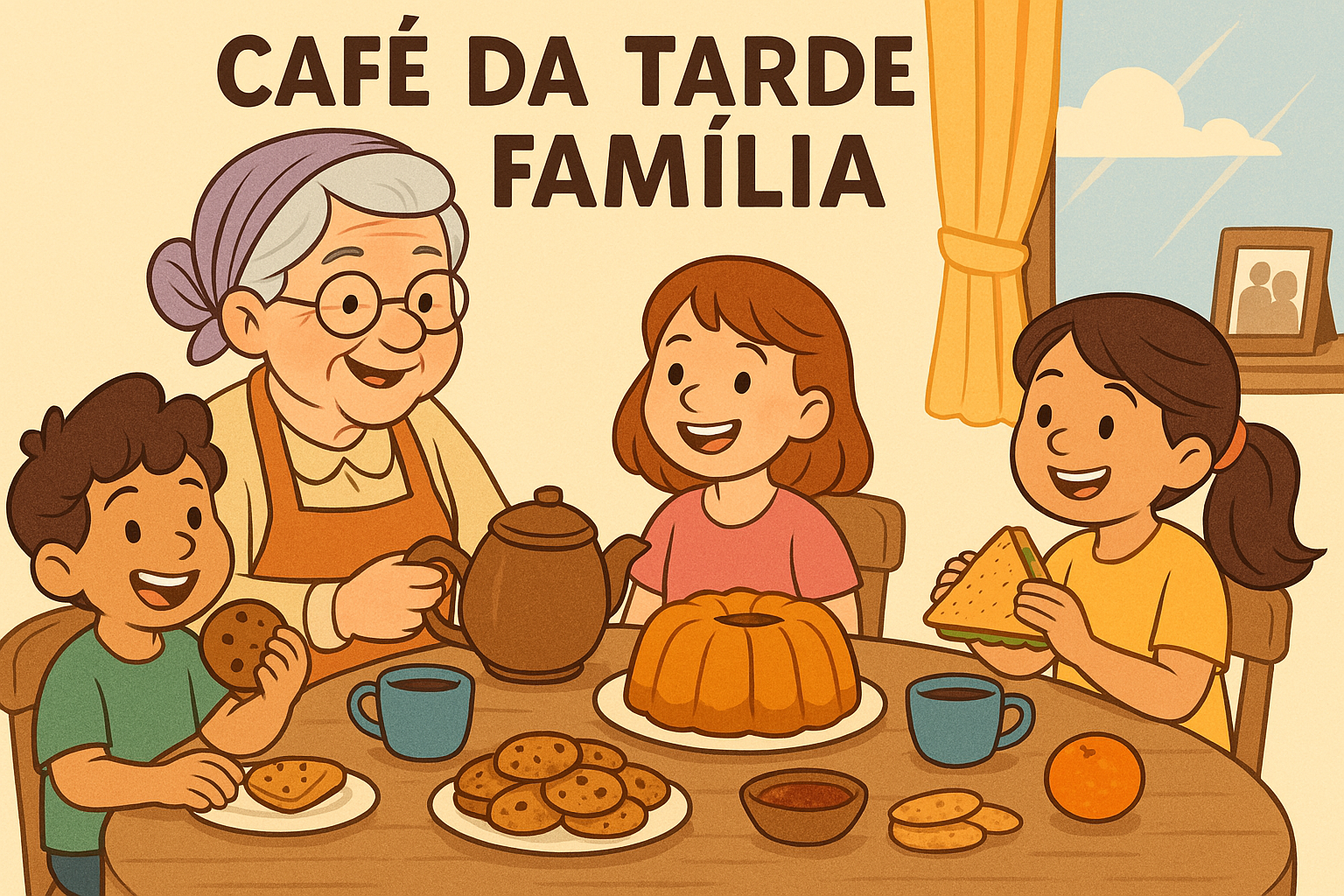 Família reunida em torno da mesa em um momento acolhedor de café da tarde em família, com a avó servindo quitutes caseiros e as crianças sorrindo alegremente.