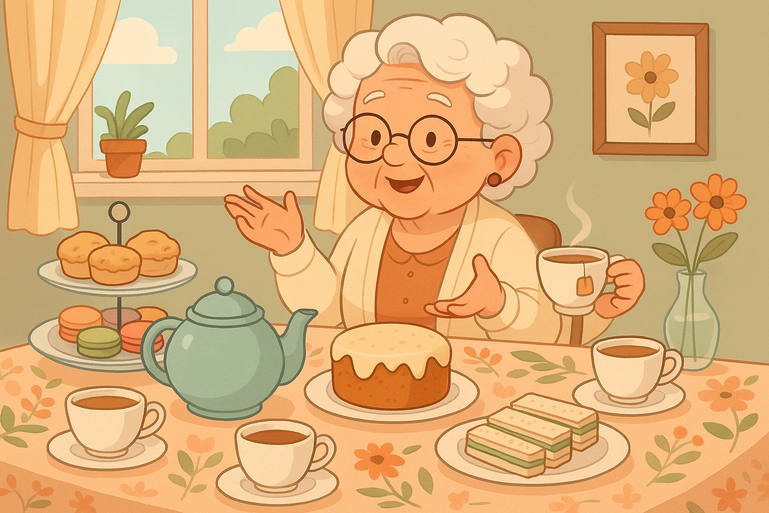 Chá da tarde em casa com mesa decorada, xícaras, bolos e lanches em estilo cartunesco, criando uma atmosfera charmosa e convidativa.