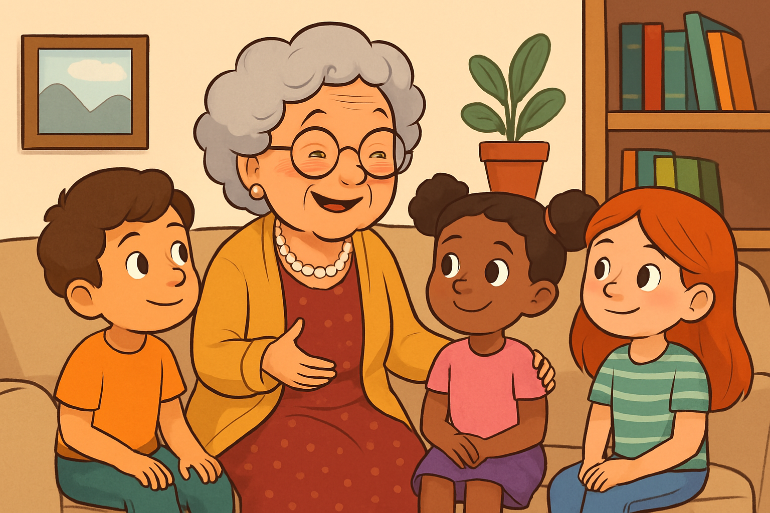 avó sorridente e carismática ensinando seus netos em um ambiente familiar sobre como ensinar os netos a serem gentis e empáticos, com gestos afetuosos e livros ilustrados espalhados ao redor.