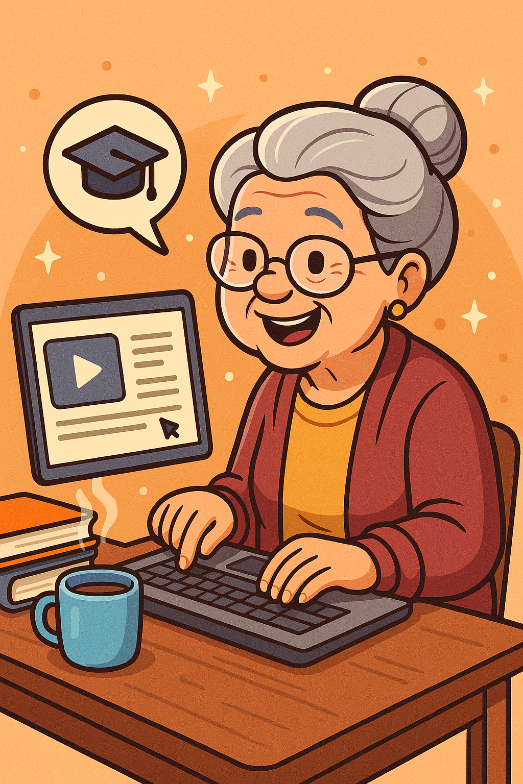 Avó carismática aprendendo em cursos gratuitos terceira idade em ambiente acolhedor.