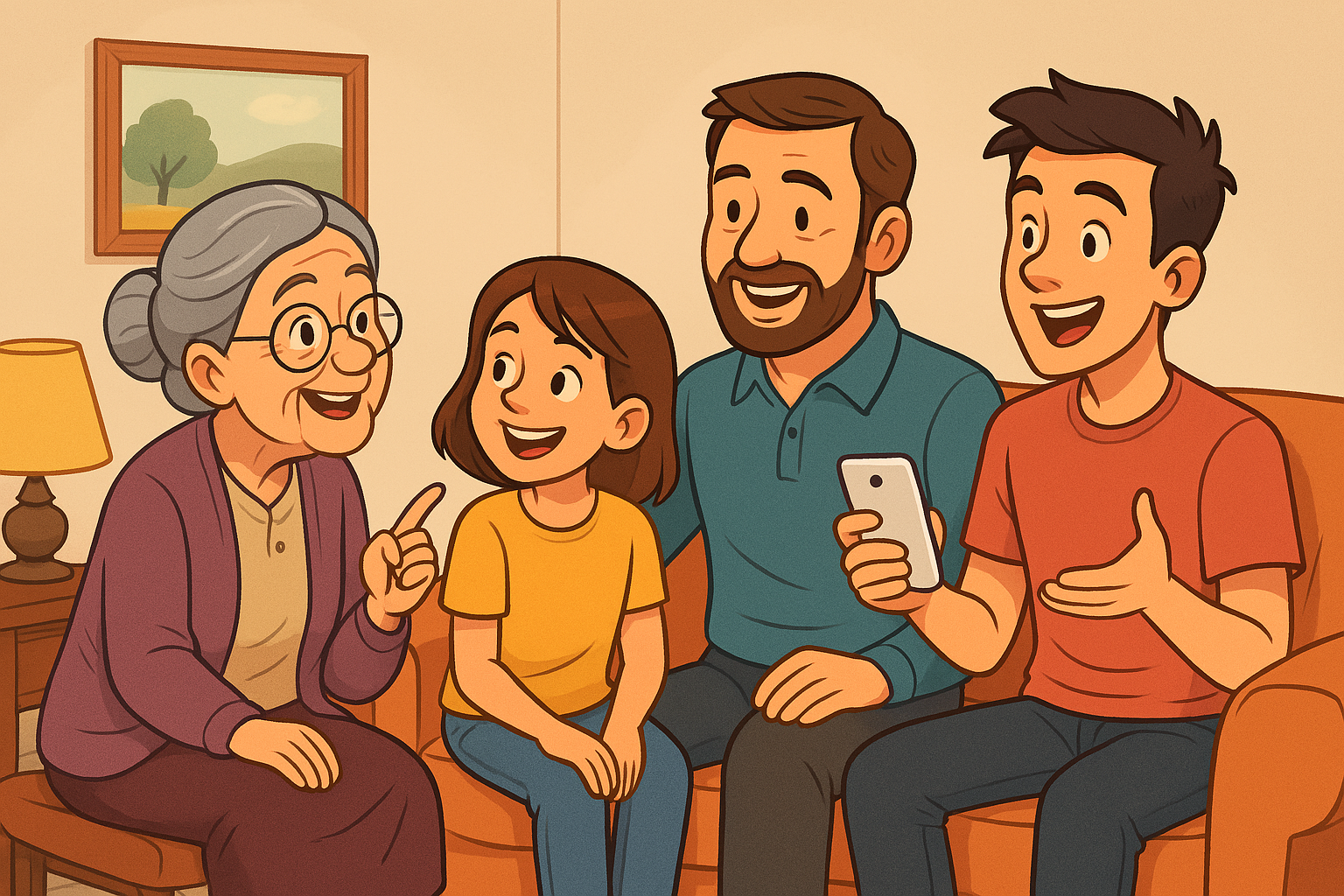 diferença de gerações família multigeracional — avó sorridente, pais e filhos interagindo com carinho — representando a diferença de gerações em clima de afeto e convivência harmoniosa.