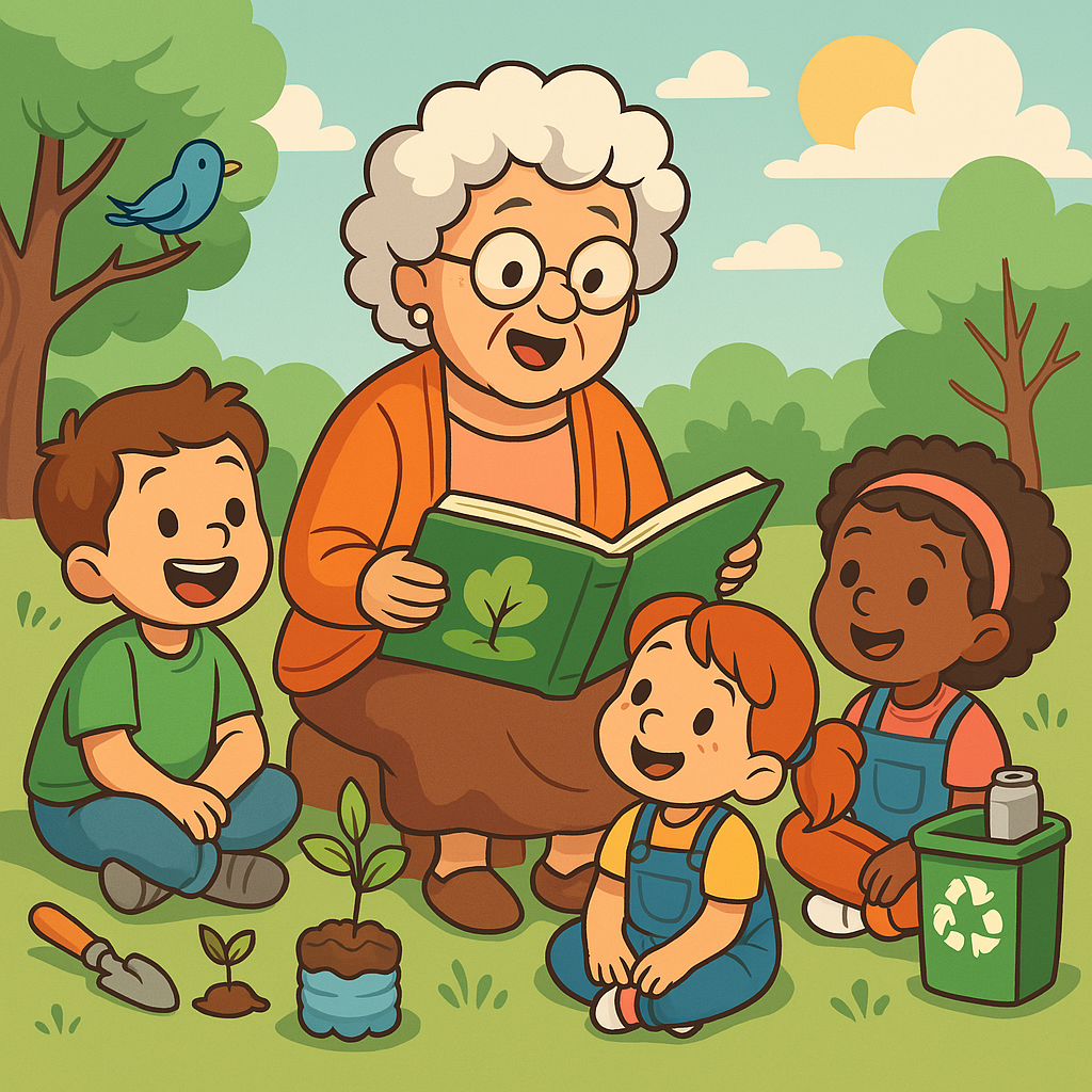 educação ambiental infantil uma avó ensinando os netos sobre educação ambiental infantil em meio à natureza, com lixeiras de reciclagem e jardim.