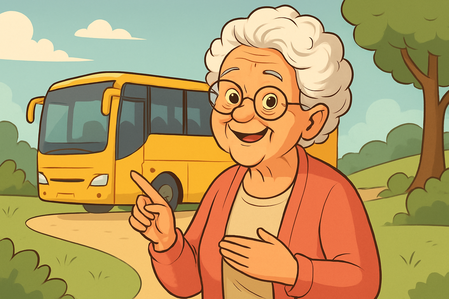 Grupo de idosos sorridentes em uma excursão animada, dentro de um ônibus colorido cercado pela natureza – destaque para o tema “excursões terceira idade”.