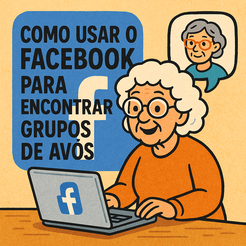 Ilustração cartoon de uma avó sorridente sentada em uma sala de estar aconchegante, segurando um smartphone enquanto interage com grupos no Facebook. Elementos visuais incluem o logotipo do Facebook integrado sutilmente no ambiente, como num quadro decorativo, simbolizando a conexão digital no facebook para idosos..