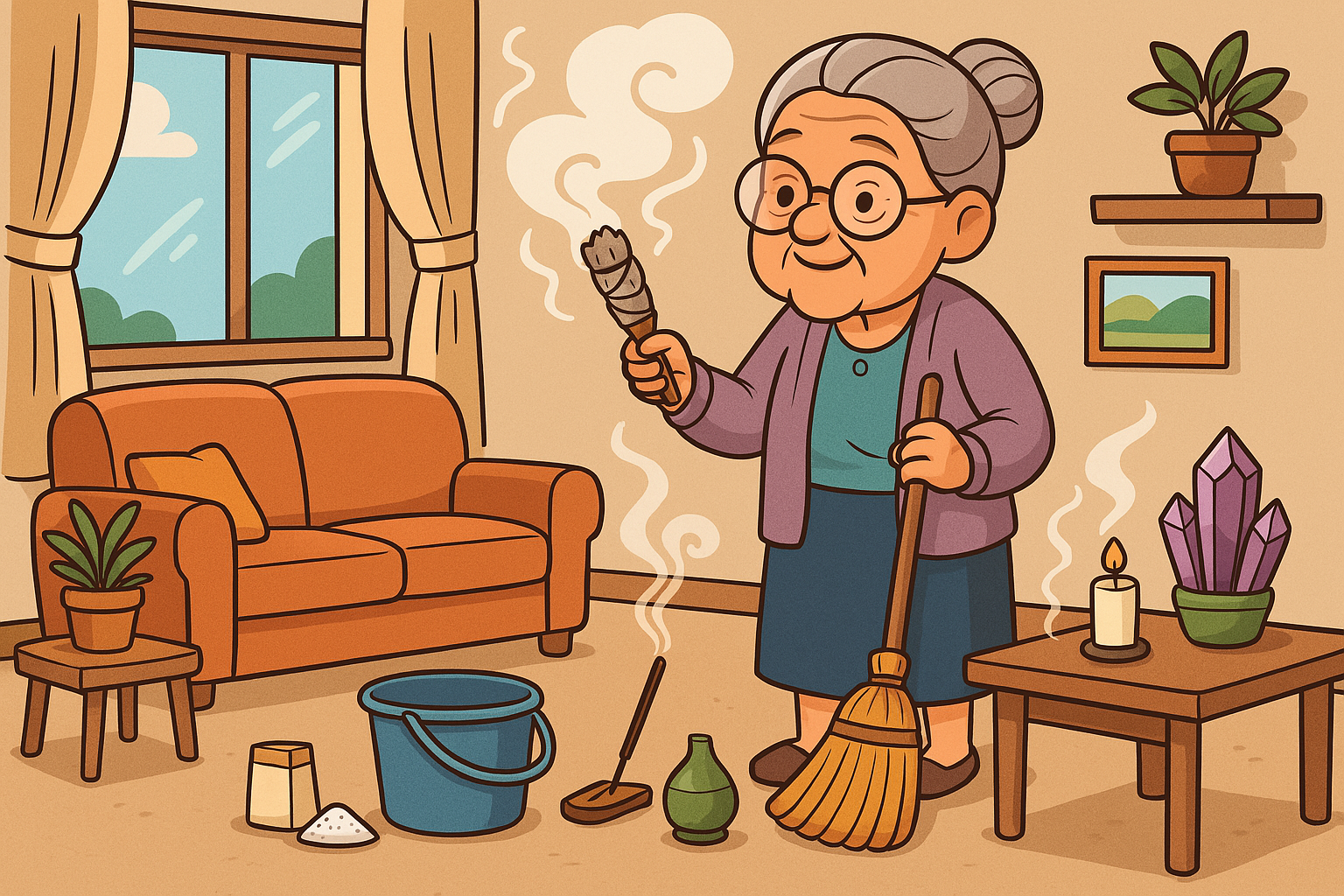 Ilustração cartunesca de uma avó realizando uma faxina energética com vassoura, cristais e incenso, cercada por uma aura radiante de boas vibrações.