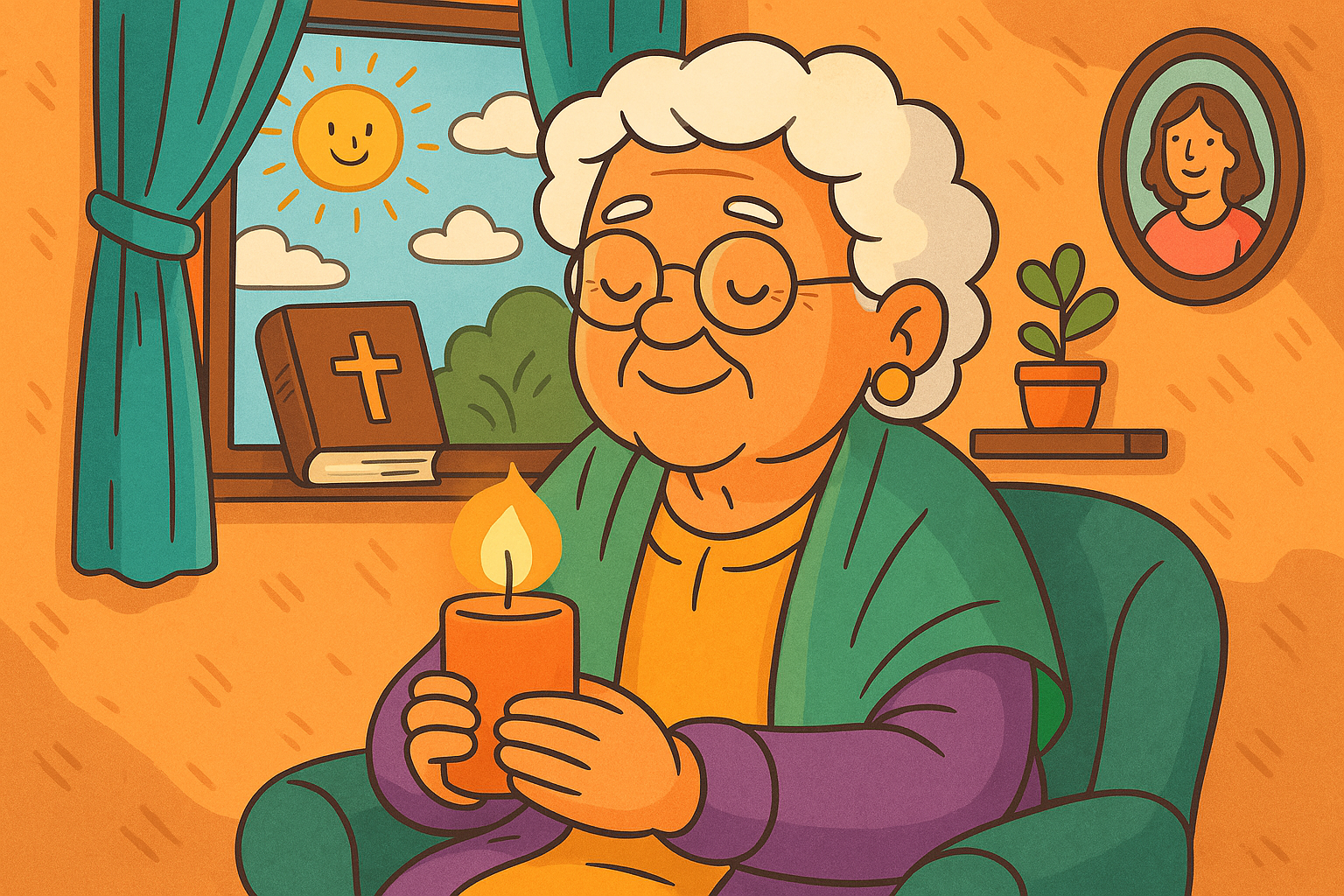 fe em momentos dificeis Ilustração cartunesca representando fé em tempos difíceis, com elementos simbólicos de esperança e espiritualidade.