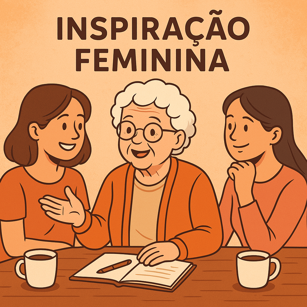 Grupo de mulheres em estilo cartunesco trocando histórias inspiradoras e acolhendo umas às outras, representando o poder da inspiração feminina.