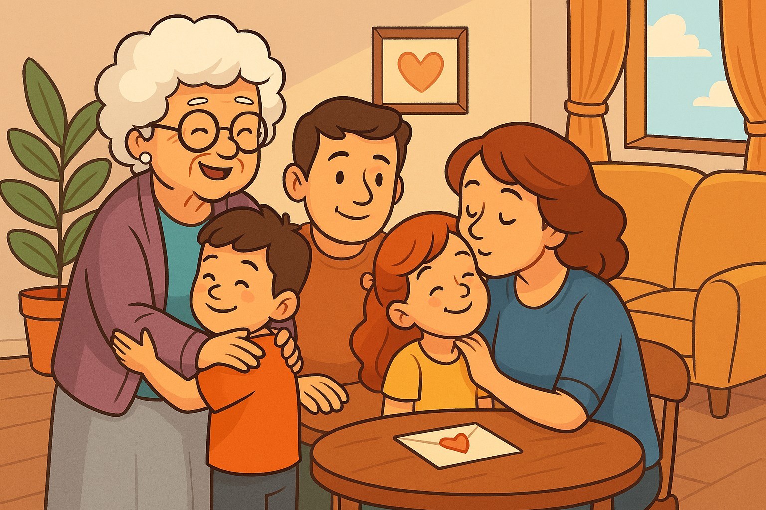 laços familiares Ilustração cartunesca de uma família reunida à mesa, servindo um ao outro e sorrindo, reforçando laços familiares.