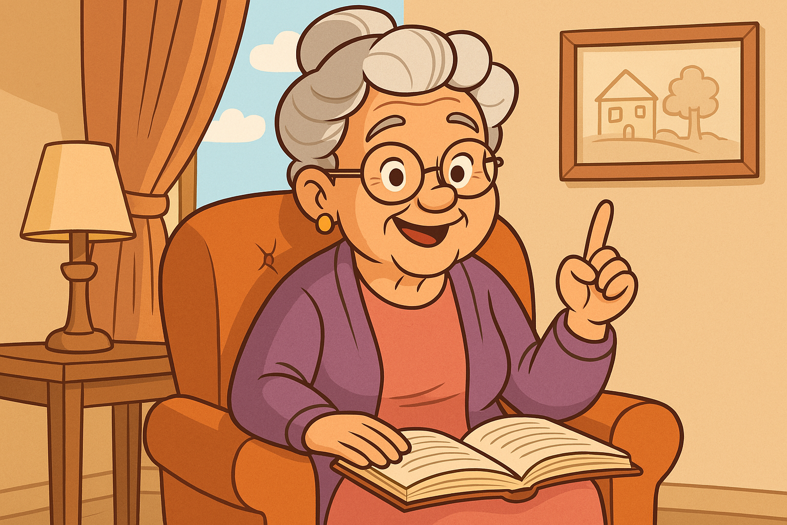 Avó sábia em cadeira de balanço lendo de um livro iluminado, rodeada por flores que simbolizam lições de vida