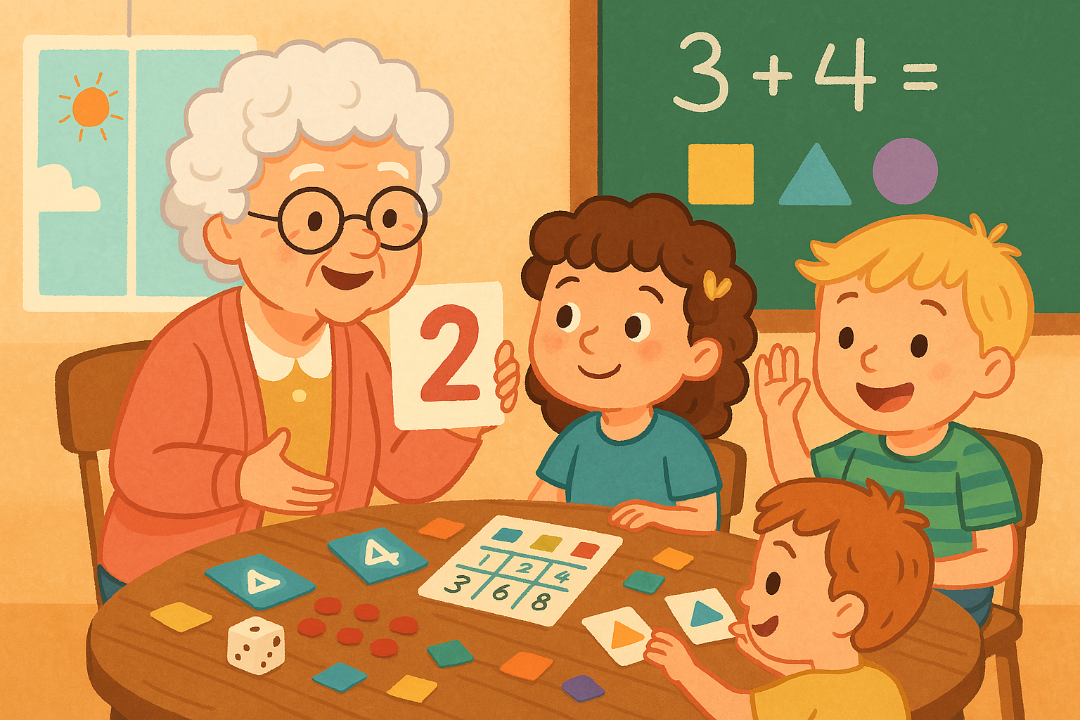 Vovó ensina matemática divertida para crianças com jogos, blocos coloridos e quadro-negro, em uma cena alegre e acolhedora.