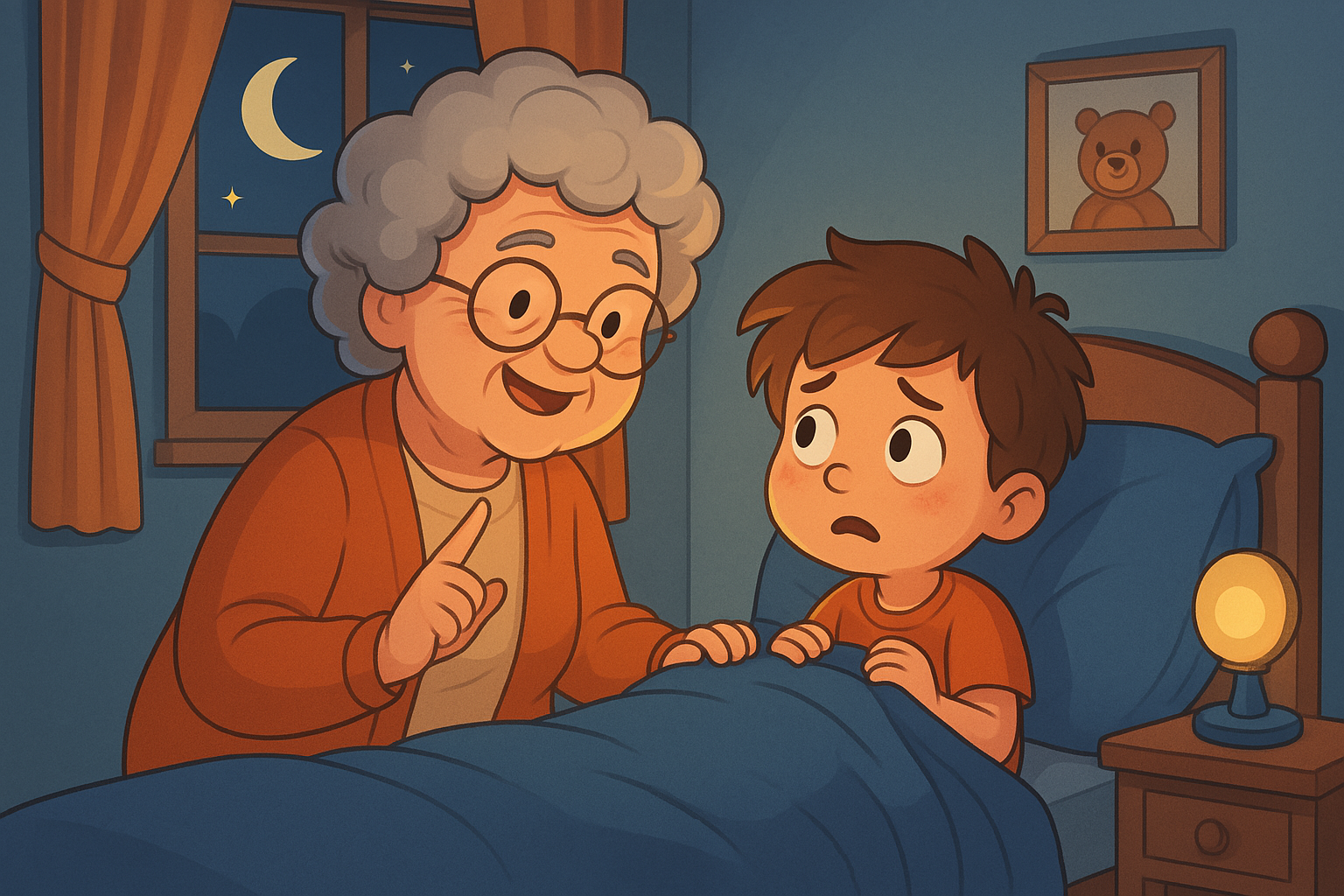 Avó lendo um livro para o neto com medo de dormir sozinho, em um quarto acolhedor e suavemente iluminado