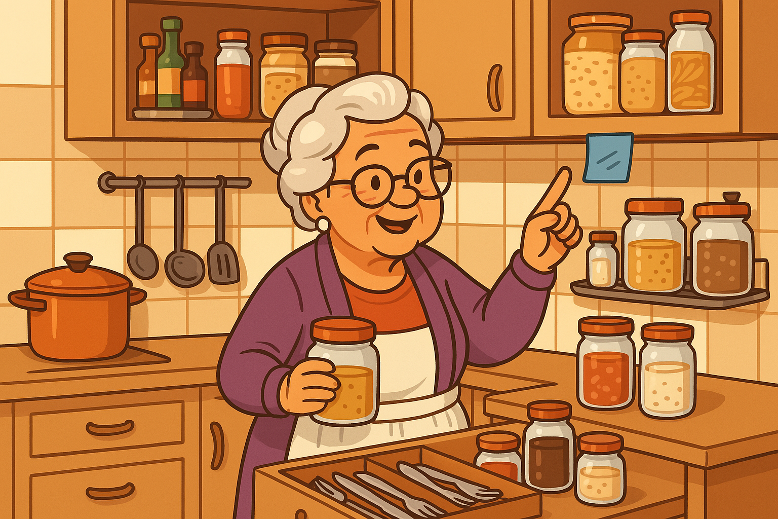 cozinha acolhedora com prateleiras organizadas, potes rotulados e uma avó sorridente compartilhando dicas de organização da cozinha.
