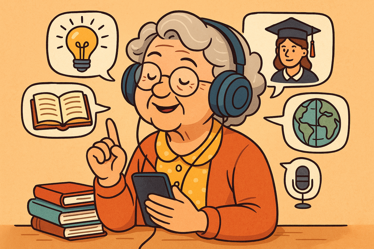 Ilustração de uma senhora sábia e sorridente ouvindo podcasts educativos em um ambiente aconchegante, cercada por elementos que remetem ao aprendizado, como livros, chá e anotações.