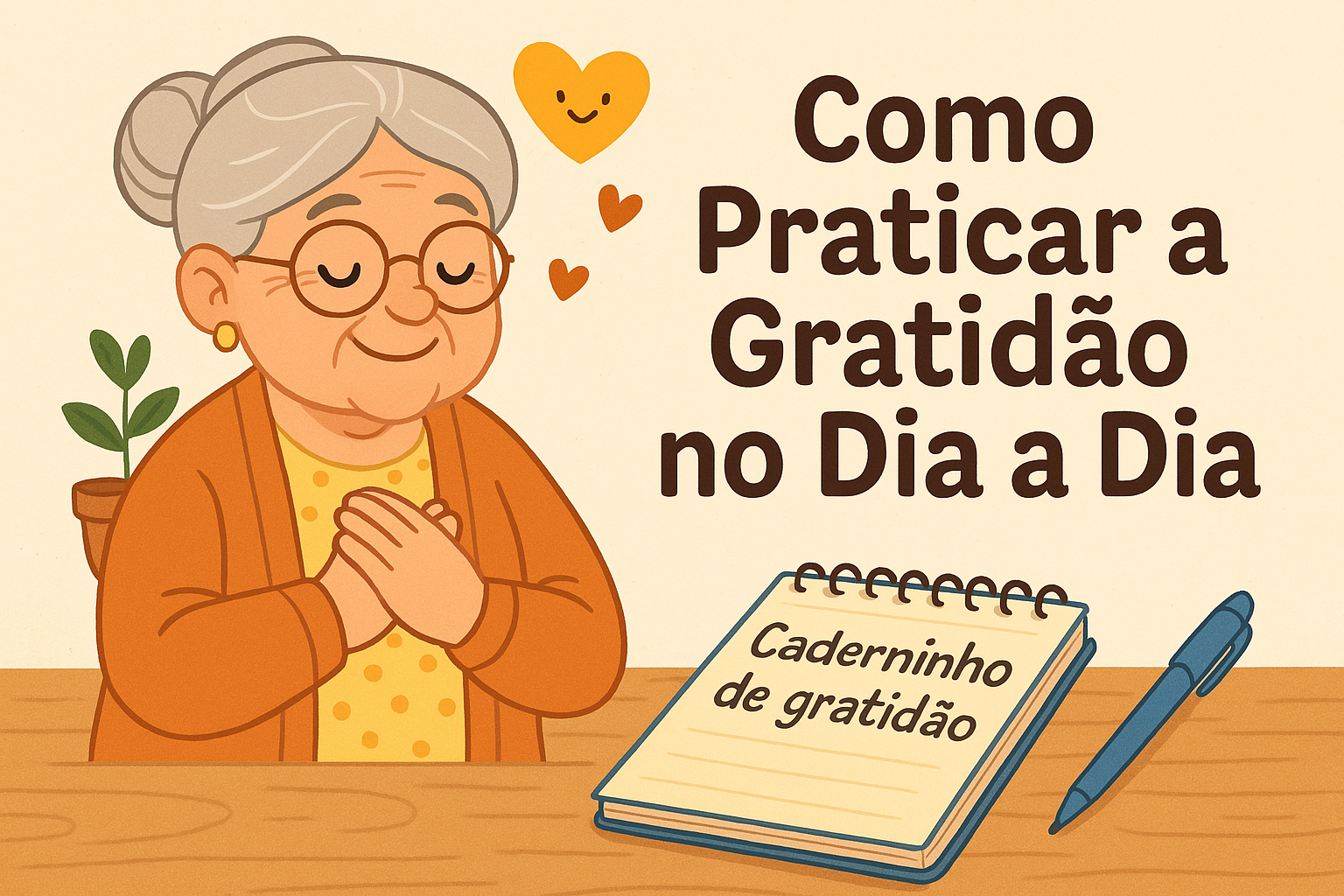 Ilustração cartunesca representando como praticar gratidão no dia a dia — com cenas delicadas, como uma senhora sorridente observando o pôr do sol, uma xícara de chá e um diário aberto sobre a mesa.