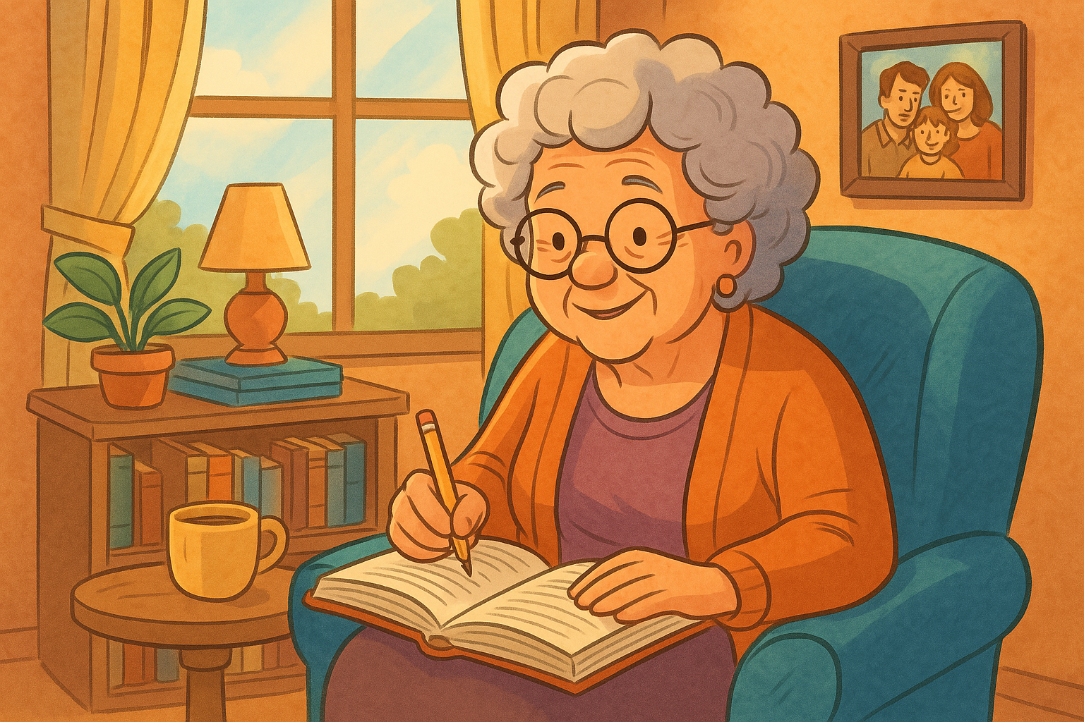 avó carismática em uma poltrona aconchegante, contando histórias para ouvintes atentos, simbolizando o propósito na aposentadoria.