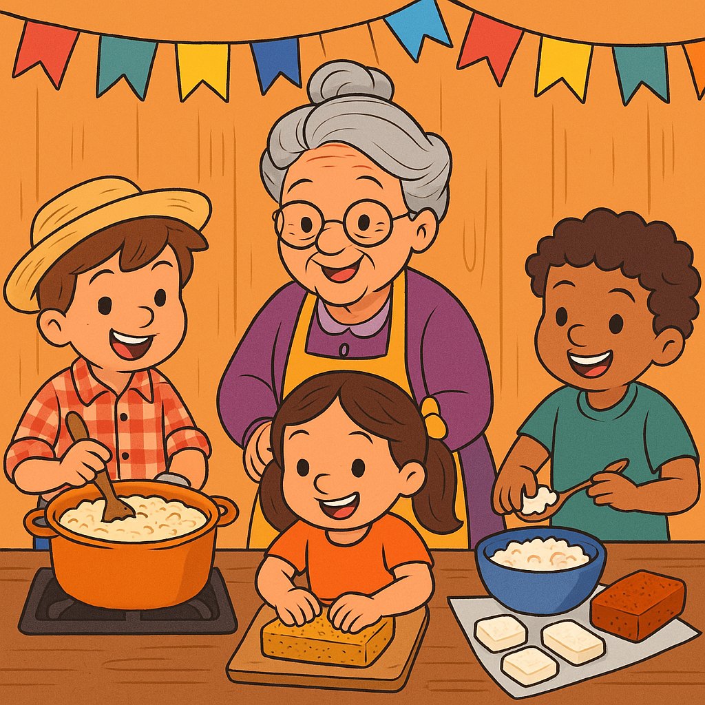 Avó e netos preparando doces festa junina como paçoca, pé-de-moleque e canjica em cozinha decorada com bandeirinhas coloridas.