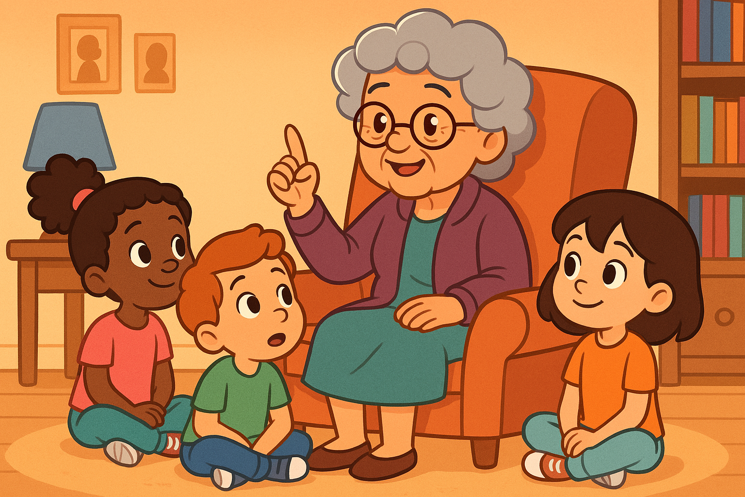 Vovó sábia ensinando os netos sobre respeito à diversidade infantil, cercada por crianças de diferentes etnias e habilidades, em um cenário acolhedor e colorido.