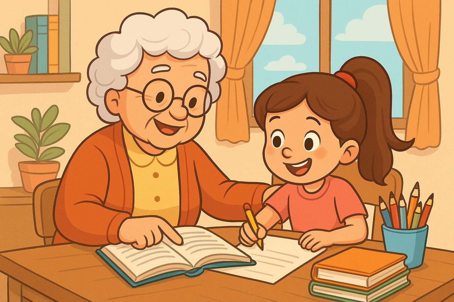 rotina de estudos infantil Avó com seus netos estudando juntos em um ambiente acolhedor, representando o conceito de rotina de estudos infantil.