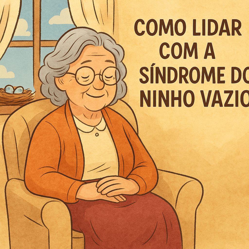 Ilustração de uma casa acolhedora com uma avó sentada em uma cadeira de balanço, cercada por luz suave e fotos de família na parede, representando a síndrome do ninho vazio