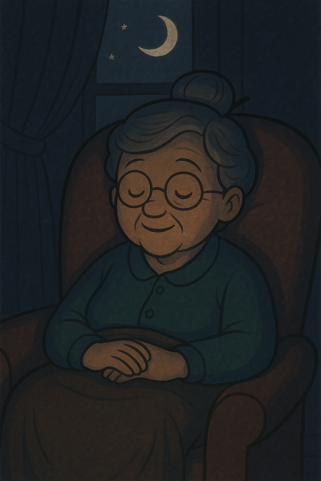 Idosa dormindo tranquilamente à noite, deitada em uma cama aconchegante sob cobertas suaves, com expressão serena no rosto. Luz suave da lua entrando pela janela ao fundo, criando um clima de paz e sossego.