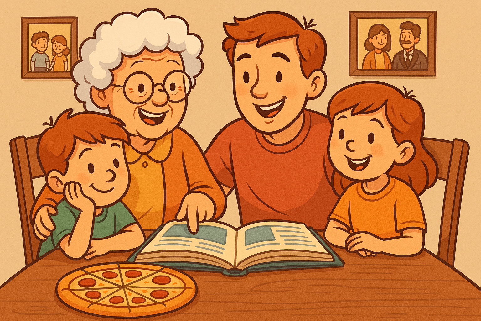 uma família reunida em torno da mesa, com várias gerações sorrindo e compartilhando histórias, simbolizando as tradições familiares que atravessam gerações.