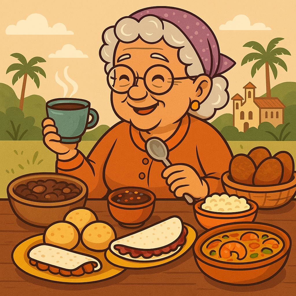 Vovó carismática se delicia com pratos típicos como feijoada, pão de queijo e brigadeiro, representando o encanto do turismo gastronômico no Brasil.