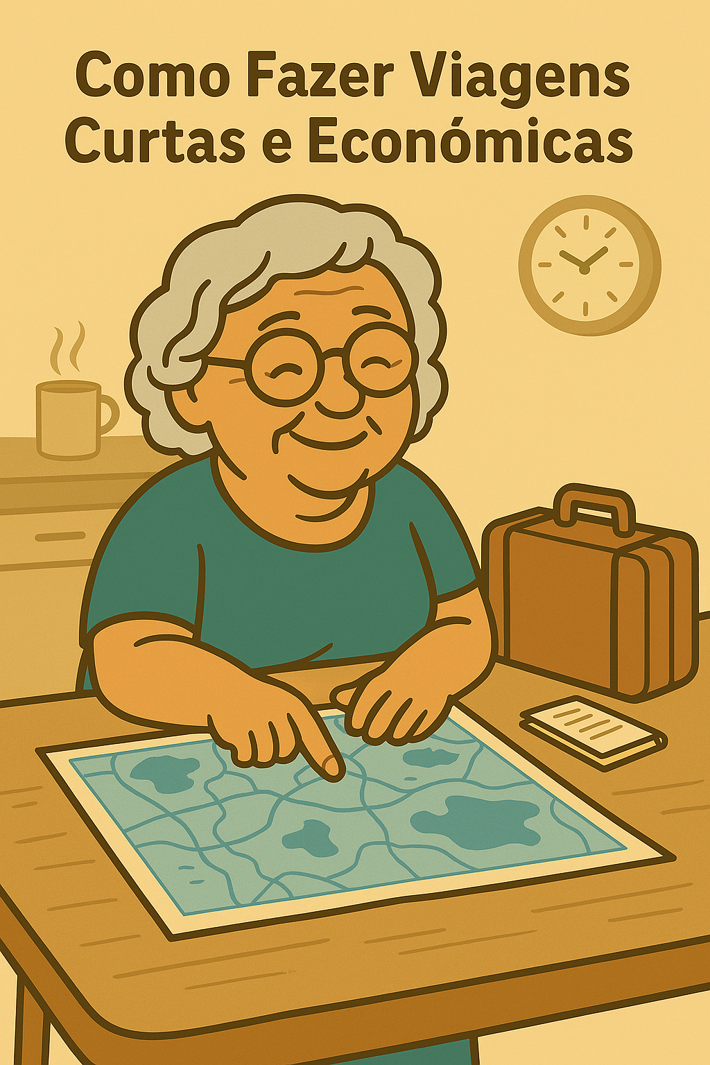 Ilustração em estilo cartoon de uma vovó sorridente e carinhosa, sentada à mesa da cozinha com uma xícara de chá, um mapa aberto, uma mala pequena e uma caneta na mão. Ela parece empolgada enquanto planeja como fazer uma viagem curta e econômica, cercada por itens domésticos e com uma expressão acolhedora no rosto.