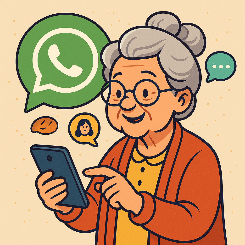 Idoso sorridente usando WhatsApp em um smartphone, cercado por familiares de várias gerações em uma sala aconchegante