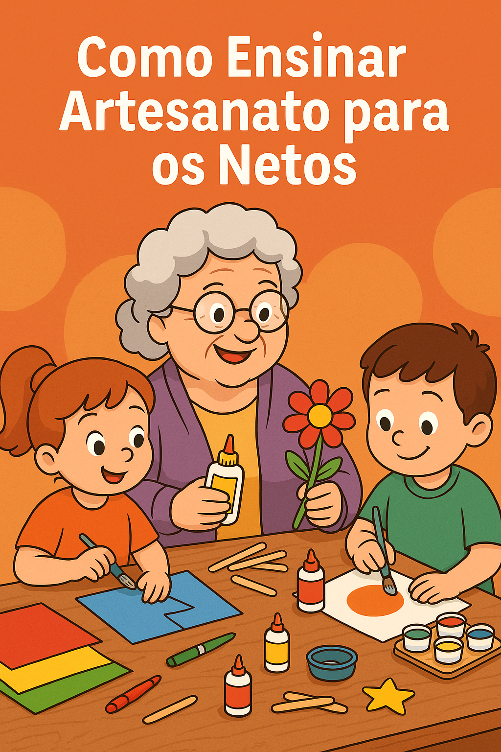 Como Ensinar Artesanato para os Netos avó ensinando artesanato para os netos, com o título “Como Ensinar Artesanato para os Netos” escrito na imagem.