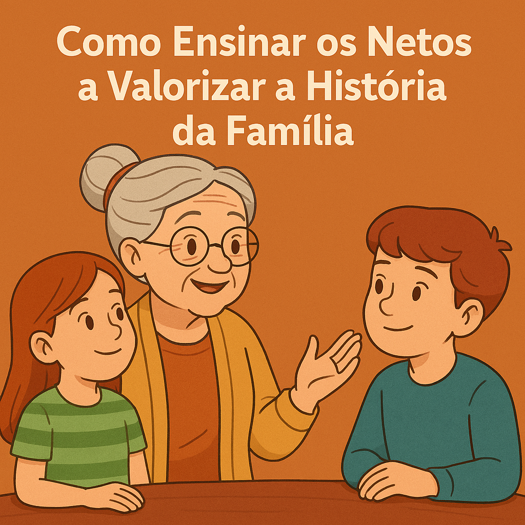 avó e netos compartilhando memórias, com o título “Como ensinar os netos a valorizar a história da família” escrito na imagem.