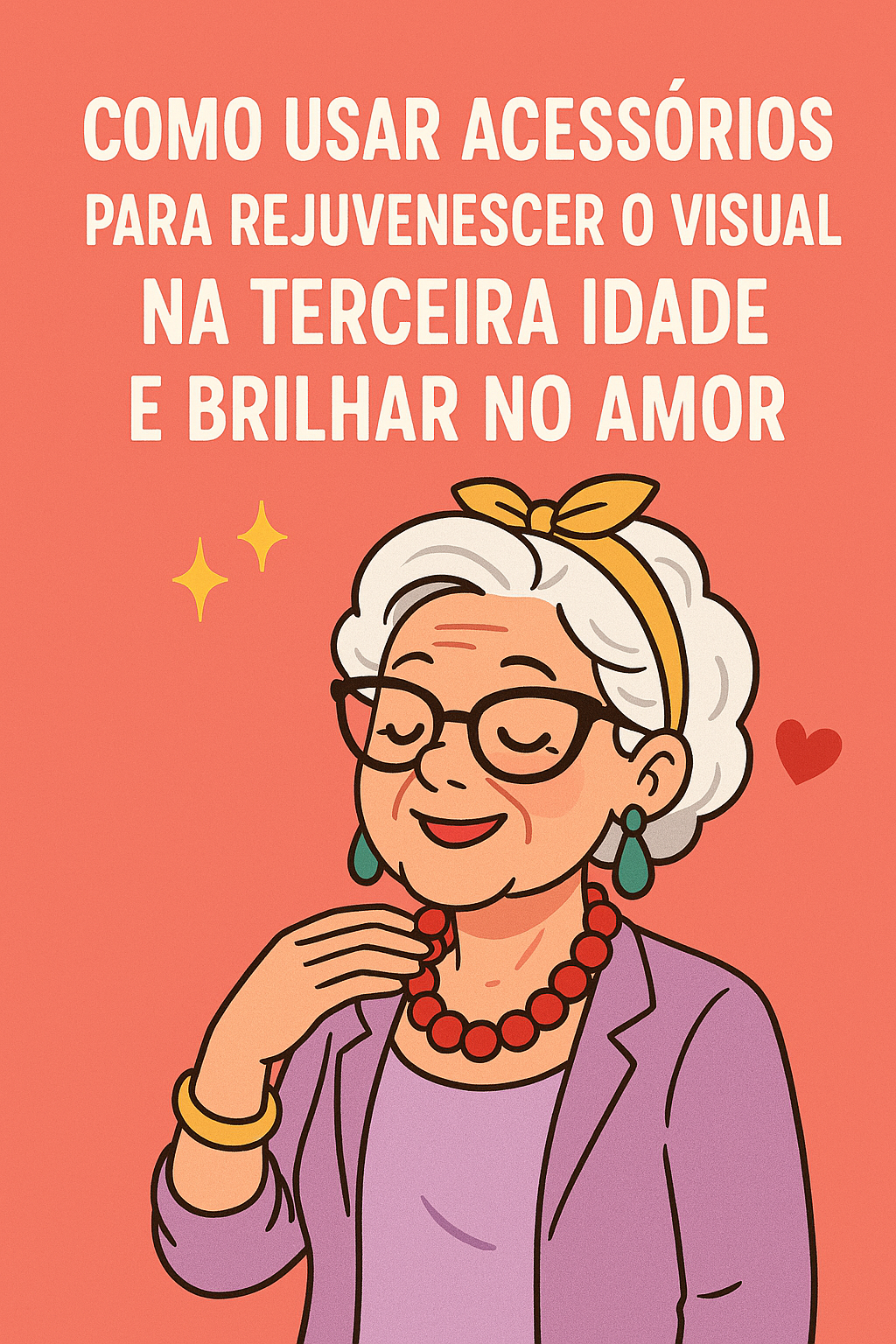 Ilustração de uma mulher idosa sorridente, com cabelos brancos ondulados e acessórios para terceira idade coloridos — brincos verdes, colar vermelho, óculos pretos estilo gatinho, e faixa amarela.