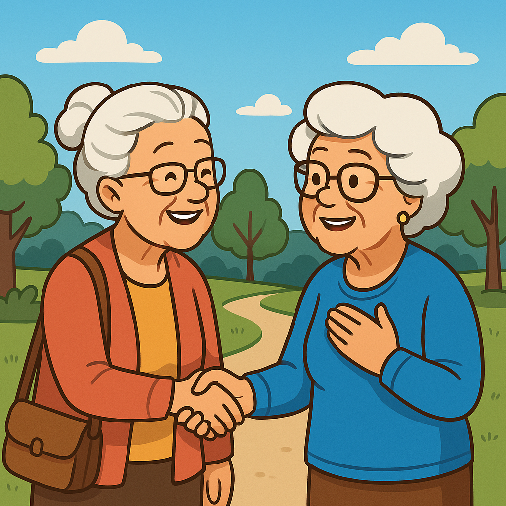 Desenho de amizades na terceira idade, com idosos sorridentes conversando sobre chá, jardinando juntos e caminhando em um parque ensolarado.