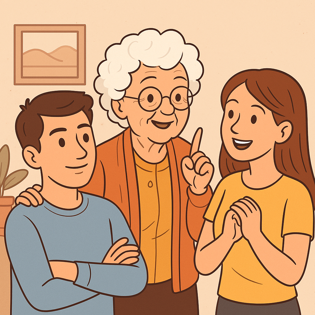 apoio aos filhos adultos Cartoon de uma avó carismática oferecendo apoio aos filhos adultos em uma sala aconchegante, com foco em apoio aos filhos adultos.