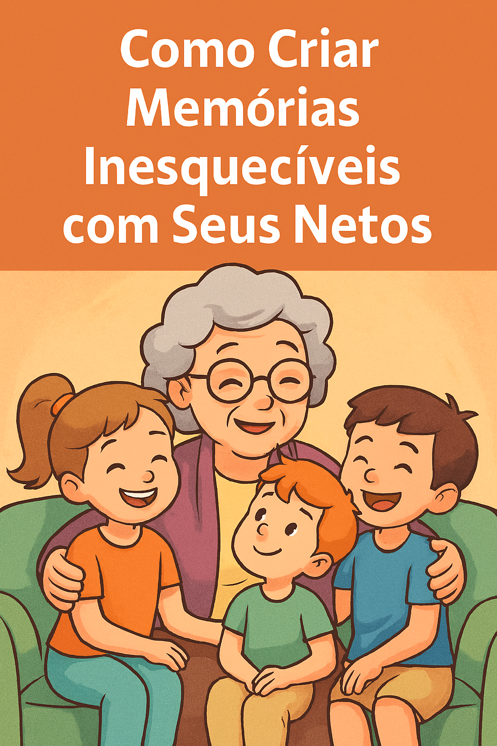 avó sorridente com seus netos em um sofá, com o título “Como Criar Memórias Inesquecíveis com Seus Netos” no topo. A imagem representa atividades com netos em um ambiente acolhedor e familiar.