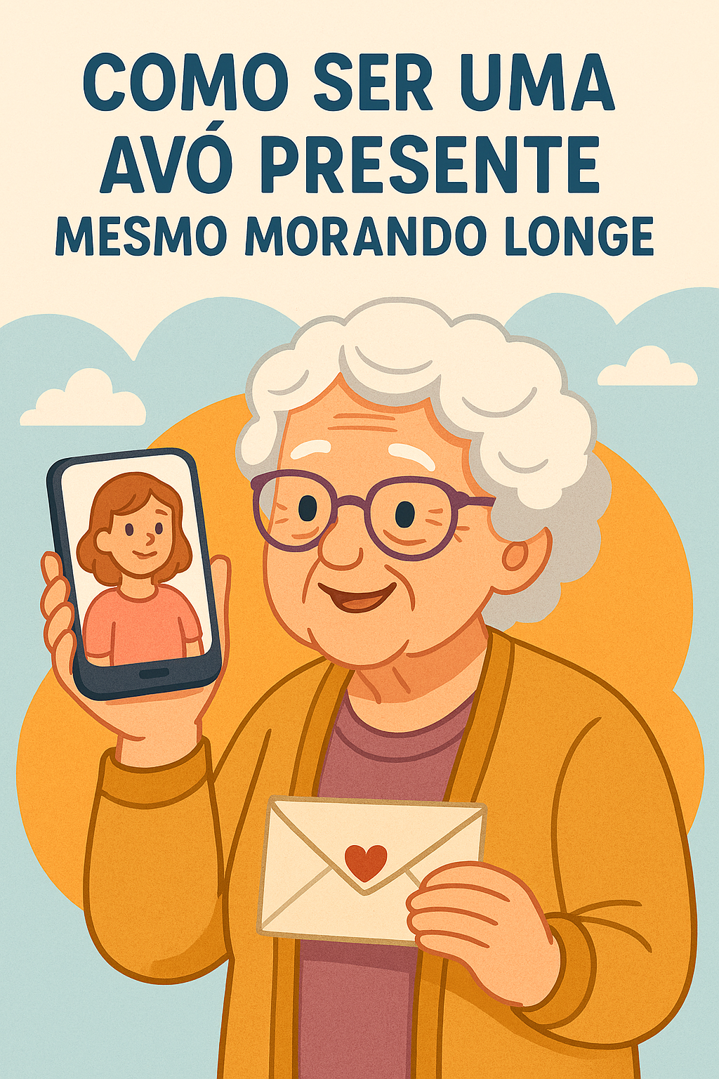 avó à distância avó à distância sorridente, conectando-se com seus netos por videochamada, com o título “Como Ser Uma Avó Presente Mesmo Morando Longe” escrito na imagem.