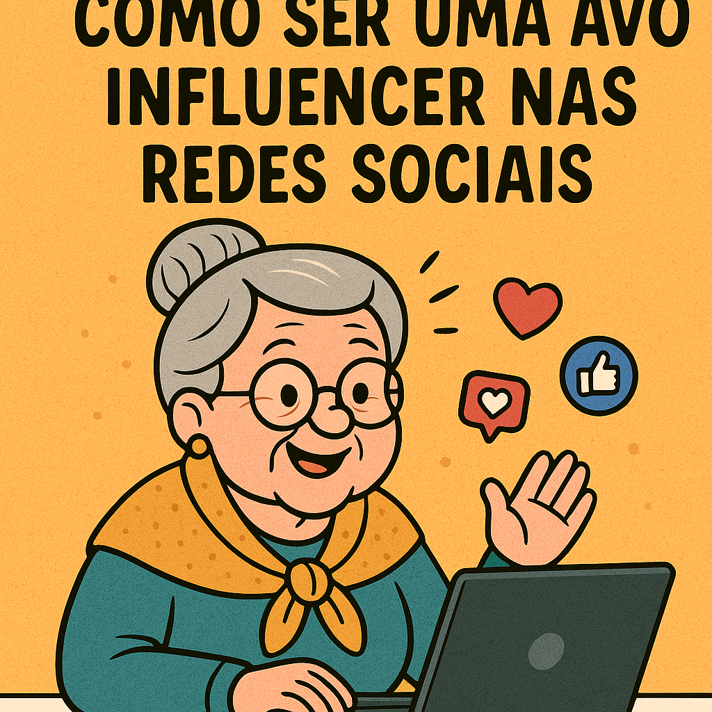 avó influencer avó influencer sorridente usando um laptop, com o título “Como Ser Uma Avó Influencer nas Redes Sociais” em destaque e ícones de redes sociais ao redor.