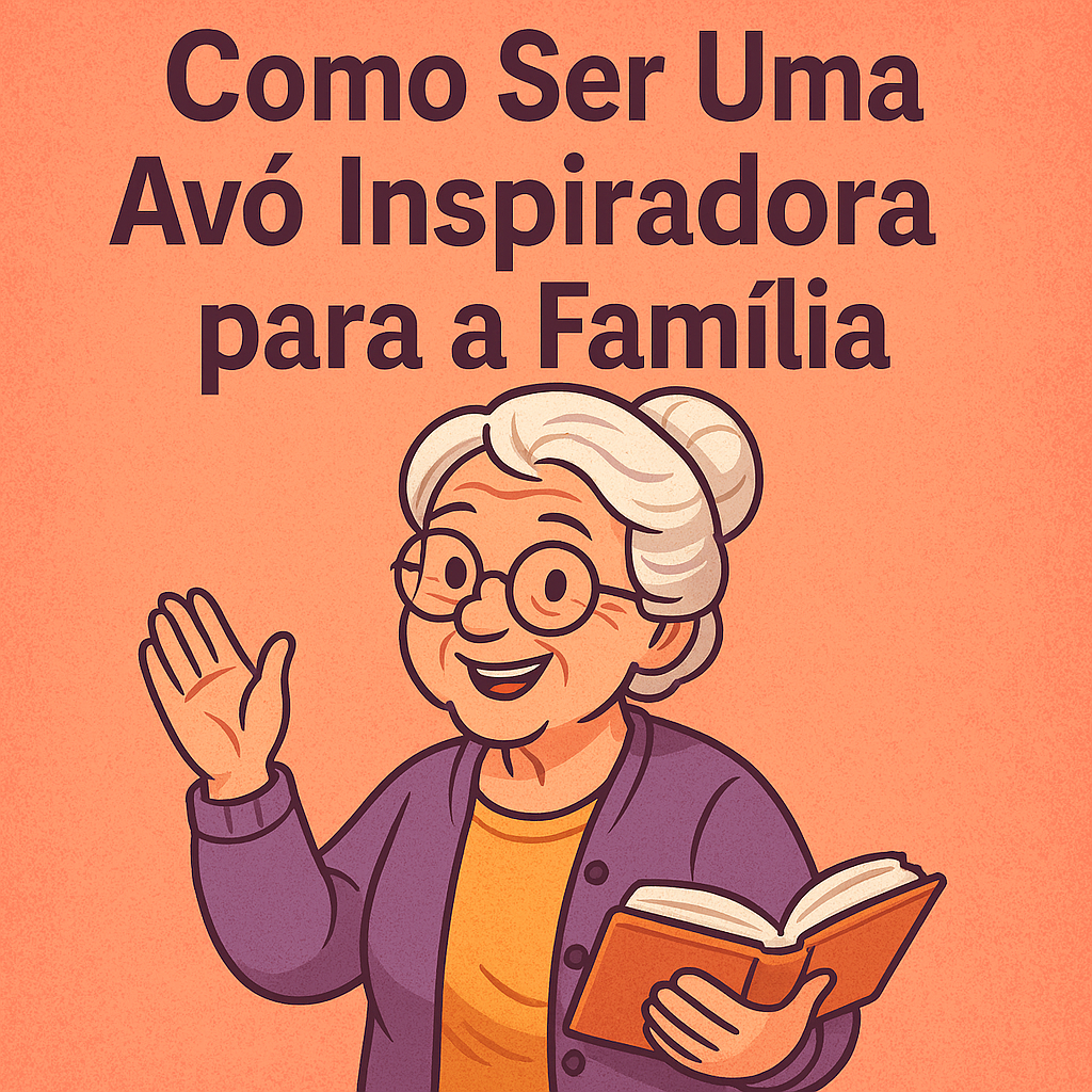 uma avó inspiradora com sua família, sorrindo e contando histórias, com o título “Como Ser Uma Avó Inspiradora para a Família” escrito na imagem.