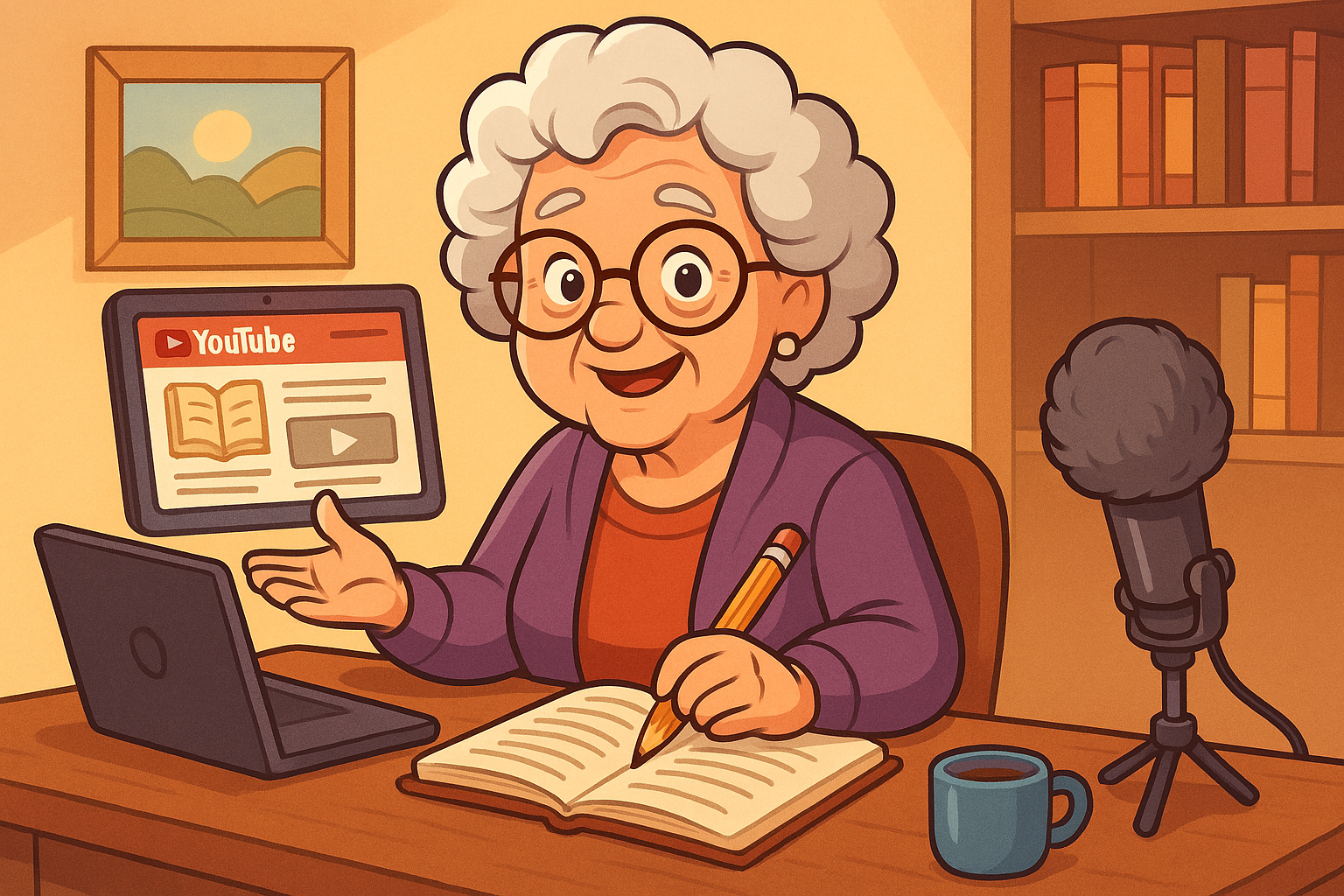 Avó sentada em poltrona aconchegante com crianças ao redor, laptop e equipamentos de gravação ao lado, representando a criação de um canal de histórias no YouTube.