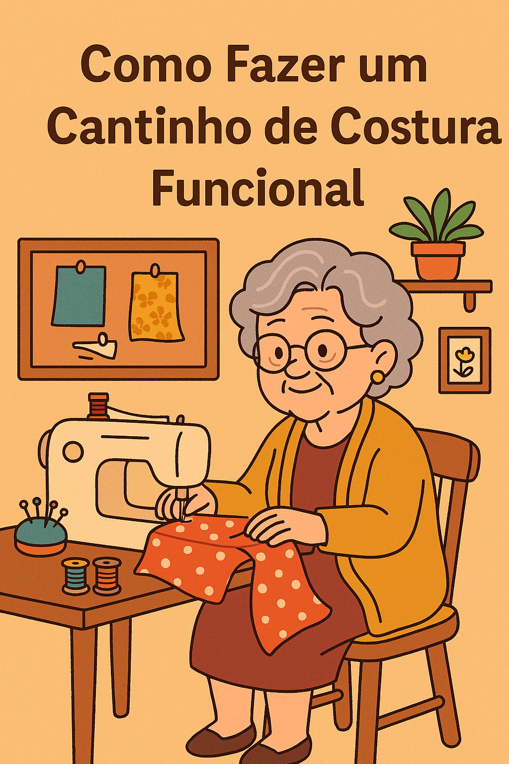 cantinho de costura funcional, com máquina de costura, tecidos coloridos e o título “Como Fazer um Cantinho de Costura Funcional” escrito na imagem.