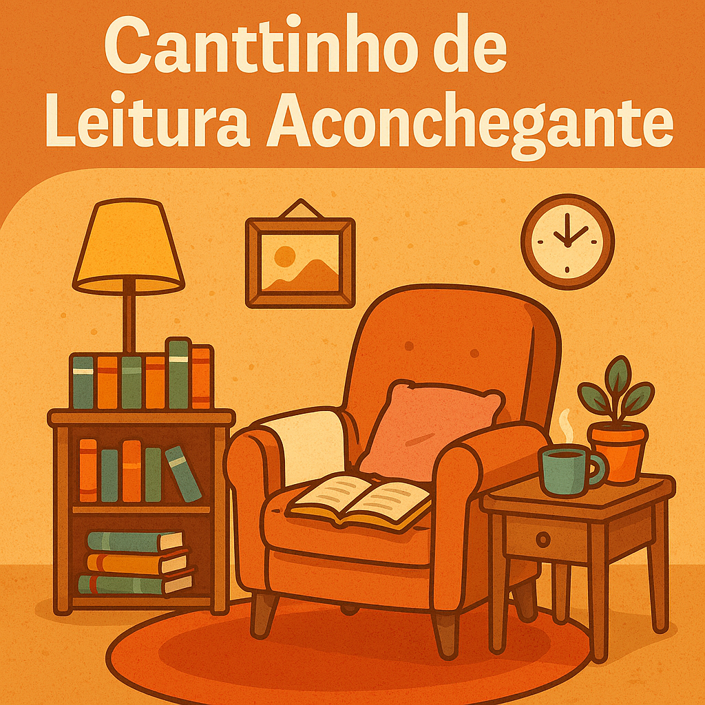 Ilustração cartunesca de um cantinho de leitura aconchegante com o título “Como Criar um Cantinho de Leitura Aconchegante